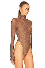LaQuan Smith Mesh Crystal Mock Neck Bodysuit in Cognac, view 3, click to view large image.