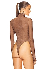 LaQuan Smith Mesh Crystal Mock Neck Bodysuit in Cognac, view 4, click to view large image.