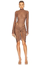 LaQuan Smith Mesh Crystal Mock Neck Bodysuit in Cognac, view 5, click to view large image.