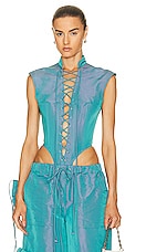 LaQuan Smith Utility Lace Up Bodysuit in Aqua, view 1, click to view large image.