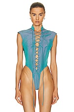 LaQuan Smith Utility Lace Up Bodysuit in Aqua, view 2, click to view large image.