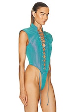 LaQuan Smith Utility Lace Up Bodysuit in Aqua, view 3, click to view large image.