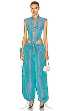 LaQuan Smith Utility Lace Up Bodysuit in Aqua, view 5, click to view large image.