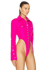 LaQuan Smith Utility Silver Snap Bodysuit in Fuchsia, view 3, click to view large image.