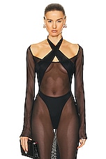 LaQuan Smith Criss Cross Halter Bodysuit in Black, view 1, click to view large image.