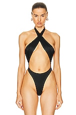 LaQuan Smith Criss Cross Halter Bodysuit in Black, view 2, click to view large image.