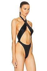 LaQuan Smith Criss Cross Halter Bodysuit in Black, view 3, click to view large image.