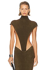 LaQuan Smith Mock Neck High Cut Bodysuit in Dark Olive, view 1, click to view large image.