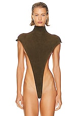LaQuan Smith Mock Neck High Cut Bodysuit in Dark Olive, view 2, click to view large image.