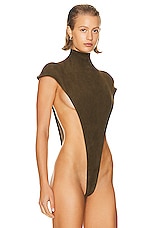 LaQuan Smith Mock Neck High Cut Bodysuit in Dark Olive, view 3, click to view large image.