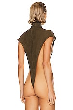 LaQuan Smith Mock Neck High Cut Bodysuit in Dark Olive, view 4, click to view large image.