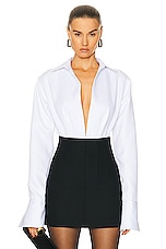 LaQuan Smith Open Front Collared Bodysuit in White, view 1, click to view large image.