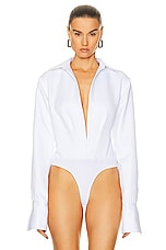 LaQuan Smith Open Front Collared Bodysuit in White, view 2, click to view large image.