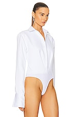 LaQuan Smith Open Front Collared Bodysuit in White, view 3, click to view large image.