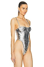 LaQuan Smith Exposed Boning Bodysuit in Silver, view 3, click to view large image.