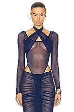 LaQuan Smith Long Sleeve Halter Bodysuit in Navy, view 1, click to view large image.
