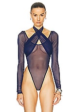 LaQuan Smith Long Sleeve Halter Bodysuit in Navy, view 2, click to view large image.