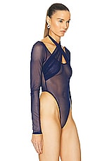 LaQuan Smith Long Sleeve Halter Bodysuit in Navy, view 3, click to view large image.