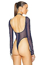 LaQuan Smith Long Sleeve Halter Bodysuit in Navy, view 4, click to view large image.