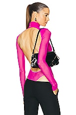 LaQuan Smith Mock Neck Open Back Bodysuit in Fuchsia, view 1, click to view large image.
