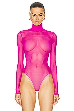 LaQuan Smith Mock Neck Open Back Bodysuit in Fuchsia, view 2, click to view large image.