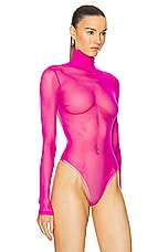 LaQuan Smith Mock Neck Open Back Bodysuit in Fuchsia, view 3, click to view large image.