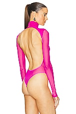 LaQuan Smith Mock Neck Open Back Bodysuit in Fuchsia, view 4, click to view large image.