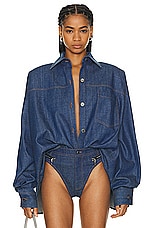 LaQuan Smith Oversized Button Down Shirt in Dark Blue, view 1, click to view large image.