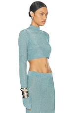 LaQuan Smith Long Sleeve Mock Neck Crop Top in Sky, view 2, click to view large image.