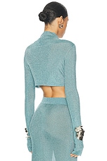 LaQuan Smith Long Sleeve Mock Neck Crop Top in Sky, view 3, click to view large image.