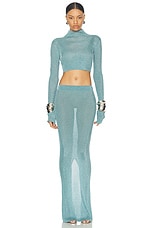 LaQuan Smith Long Sleeve Mock Neck Crop Top in Sky, view 4, click to view large image.