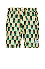 Mami Wata Heart Check Surf Trunk in Black/Green/Ecru, view 1, click to view large image.