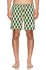 Mami Wata Heart Check Surf Trunk in Black/Green/Ecru, view 3, click to view large image.