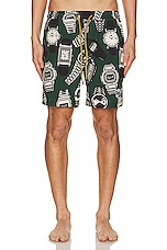 Mami Wata Surf Time Swim Trunk in Green & Ecru, view 4, click to view large image.