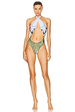Miaou Demi One Piece Swimsuit in Emblem Print, view 1, click to view large image.