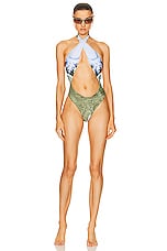 Miaou Demi One Piece Swimsuit in Emblem Print, view 4, click to view large image.