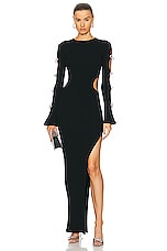 MACH & MACH Stretch Knit Maxi Dress With Cut Out Crystal Bow Sleeves in Black, view 2, click to view large image.