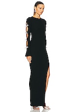 MACH & MACH Stretch Knit Maxi Dress With Cut Out Crystal Bow Sleeves in Black, view 3, click to view large image.