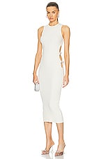 MACH & MACH Stretch Knit Midi Dress With Cut Out Crystal Bow Sides in Ivory, view 1, click to view large image.