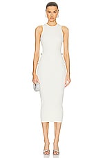 MACH & MACH Stretch Knit Midi Dress With Cut Out Crystal Bow Sides in Ivory, view 2, click to view large image.