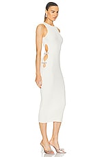 MACH & MACH Stretch Knit Midi Dress With Cut Out Crystal Bow Sides in Ivory, view 3, click to view large image.