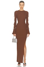 MACH & MACH Knit Cutout Maxi Dress with Crystal Bows in Brown, view 2, click to view large image.