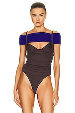 MAXIMILIAN DAVIS Sade Draped Body One Piece in Coco & Bright Blue, view 2, click to view large image.