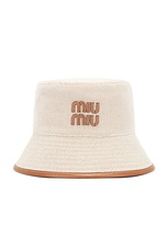 Miu Miu Logo Bucket Hat in Natural & Brandy, view 1, click to view large image.
