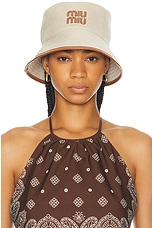 Miu Miu Logo Bucket Hat in Natural & Brandy, view 2, click to view large image.