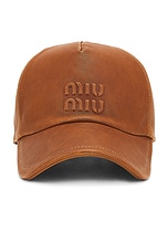 Miu Miu Logo Leather Hat in Caramel, view 1, click to view large image.