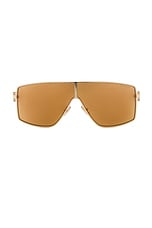 Miu Miu Shield Sunglasses in Gold & Dark Yellow, view 1, click to view large image.