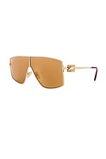 Miu Miu Shield Sunglasses in Gold & Dark Yellow, view 2, click to view large image.