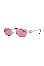 Miu Miu Round Sunglasses in Pale Gold & Dark Pink, view 2, click to view large image.
