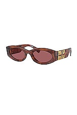 Miu Miu Logo Oval Sunglasses in Burgundy, view 2, click to view large image.